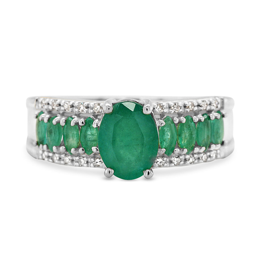 9ct White Gold Oval & Marquise Emerald & Diamond Ring TDW 0.