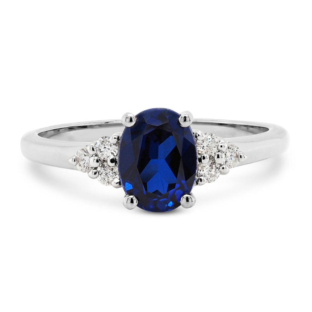 9ct White Gold Oval Created Sapphire & Diamond Ring TDW 0.15