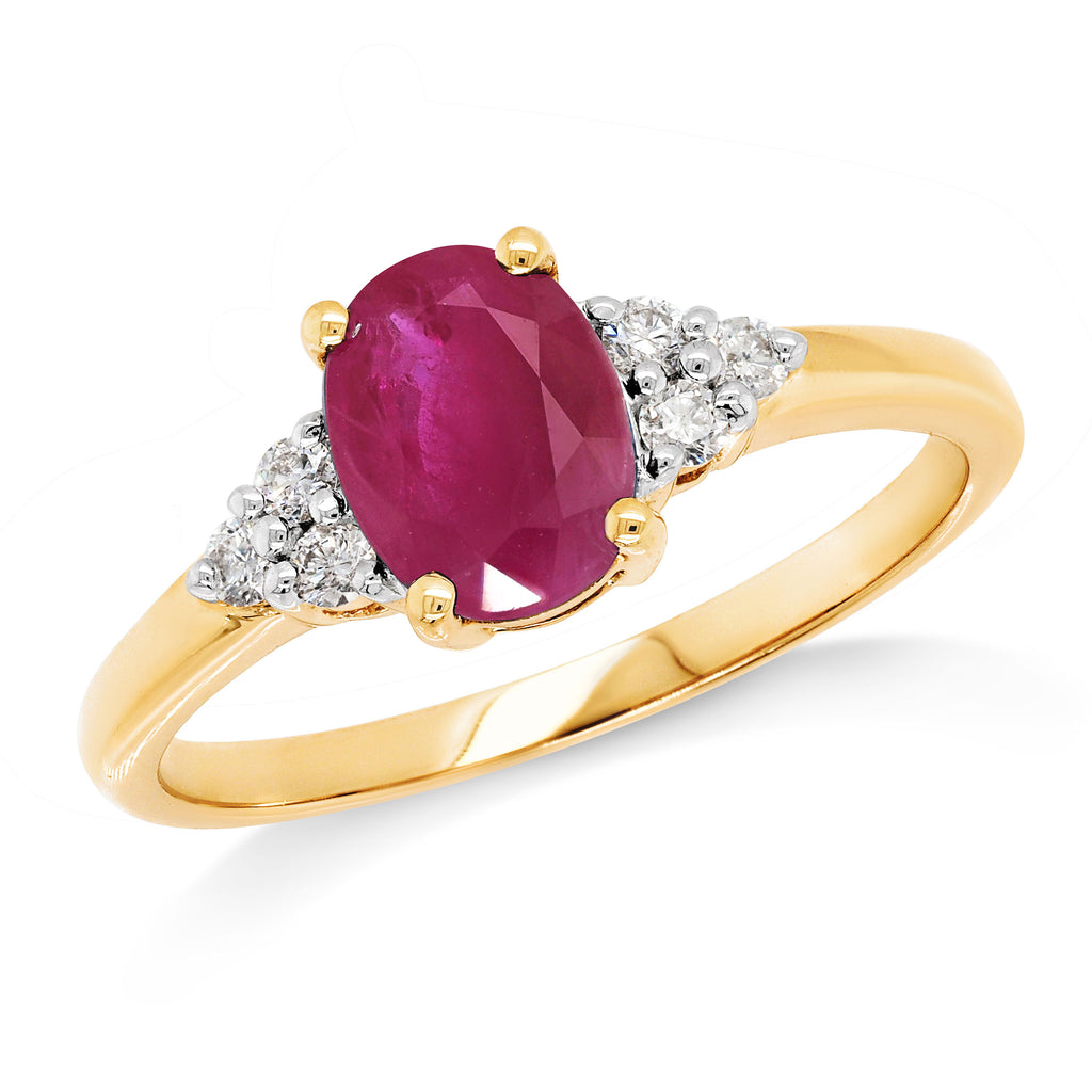 9ct Yellow Gold Oval Created Ruby & Diamond Ring TDW 0.15CT