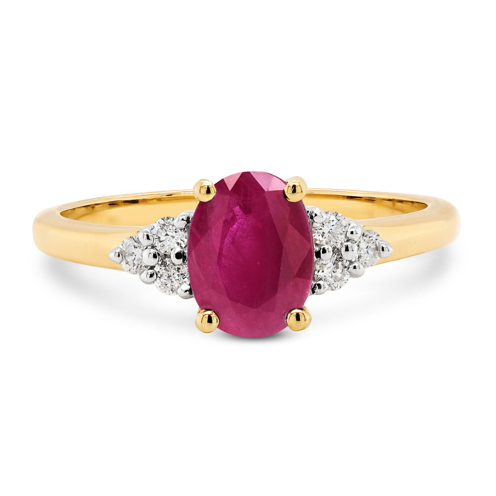 9ct Yellow Gold Oval Created Ruby & Diamond Ring TDW 0.15CT