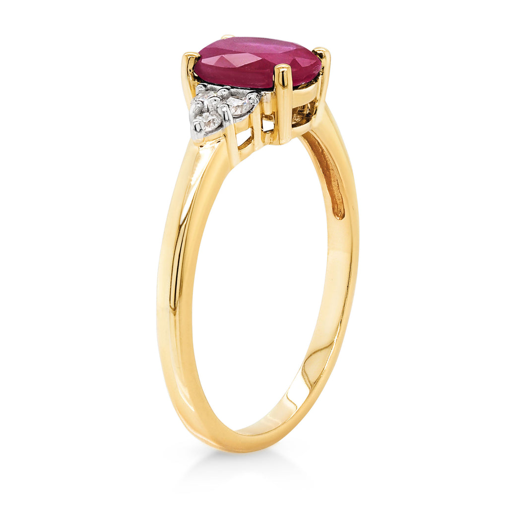 9ct Yellow Gold Oval Created Ruby & Diamond Ring TDW 0.15CT