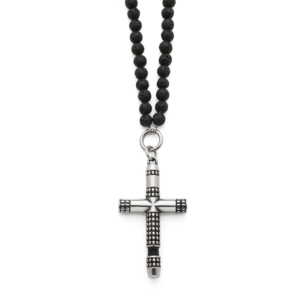 Lava Rock Bead Necklet With Stainless Steel Cross Cross Pend