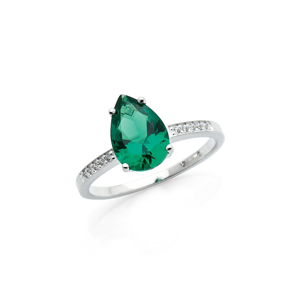 Sterling Silver Green Pear Shaped Cubic Zirconia Ring