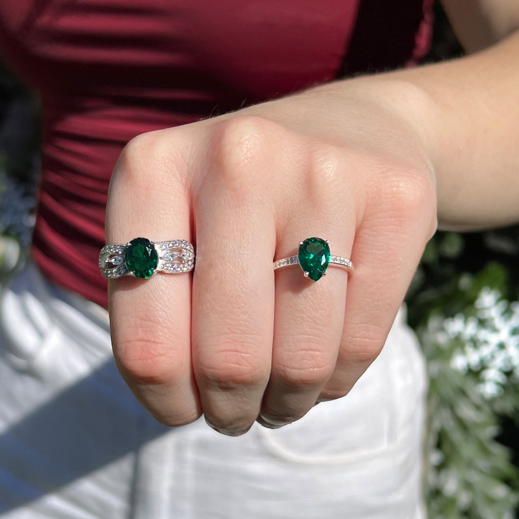 Sterling Silver Green Pear Shaped Cubic Zirconia Ring