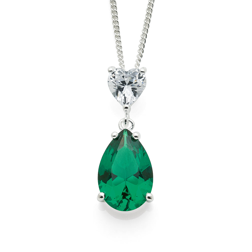 Sterling Silver Green Pear Shaped & White Heart Cubic Zircon