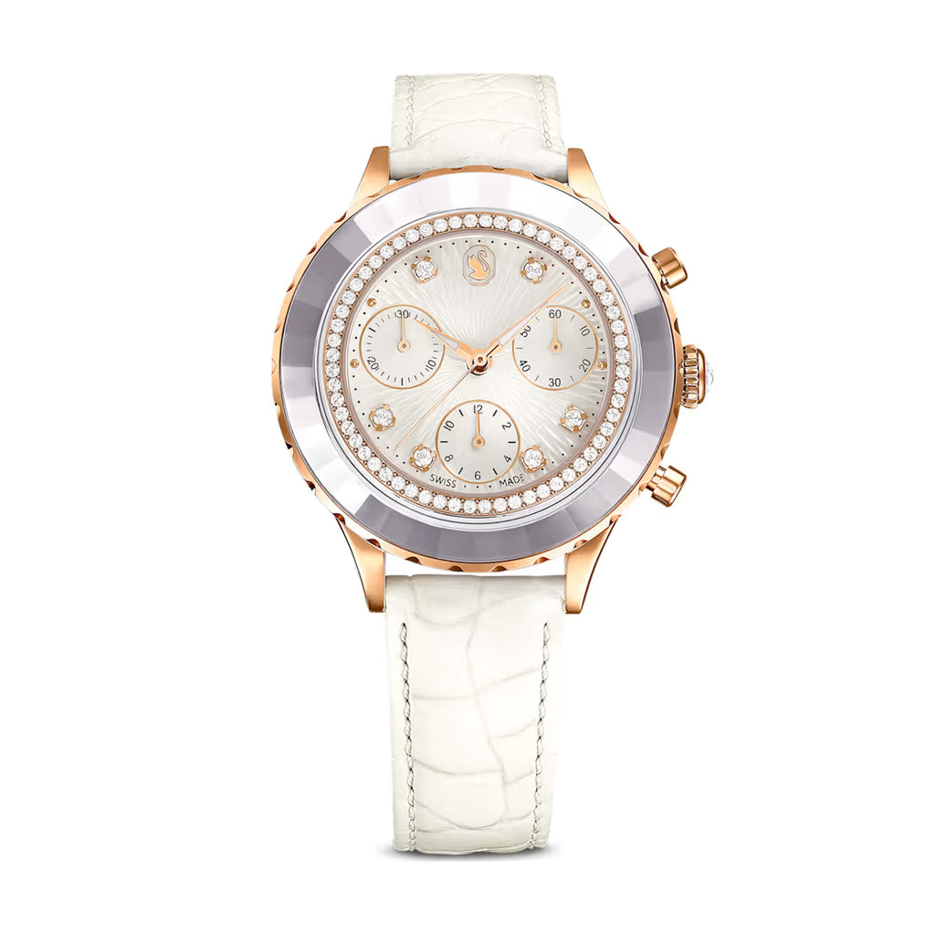 Swarovski 'Octea' Rose-Tone & White Leather Chronograph Watc