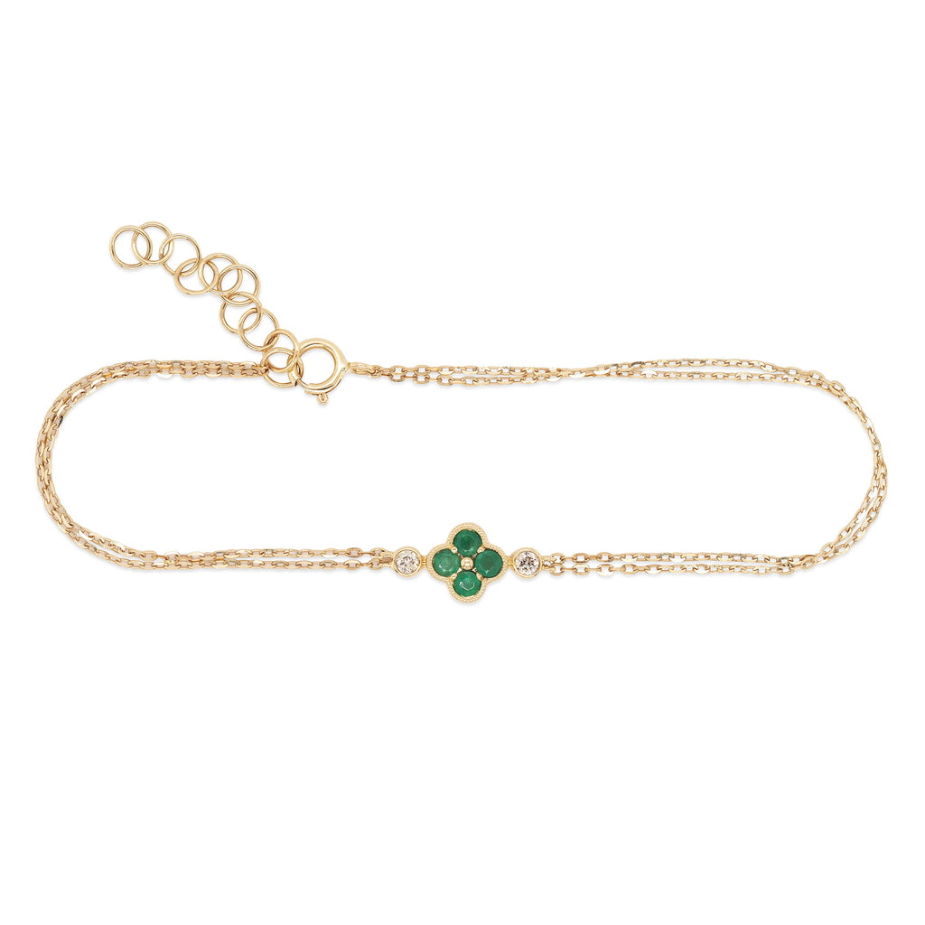 9ct Yellow Gold Emerald & Diamond Flower Double Cable Chain