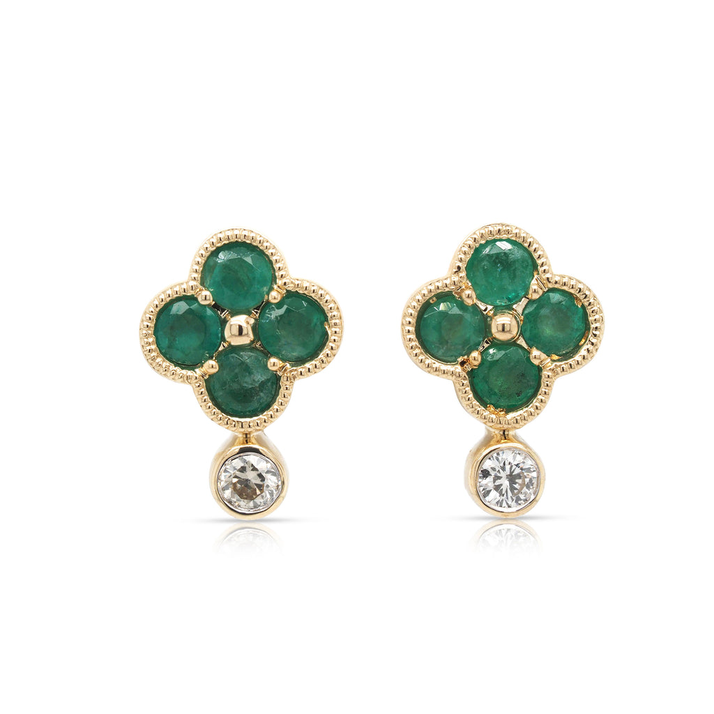 9ct Yellow Gold Emerald & Diamond Flower Stud Earrings TDW 0