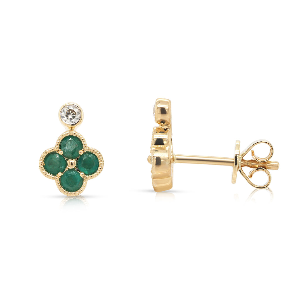 9ct Yellow Gold Emerald & Diamond Flower Stud Earrings TDW 0