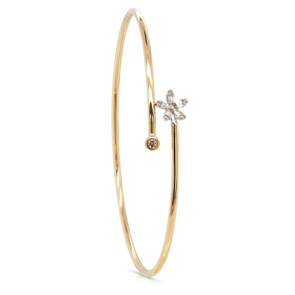 9ct Yellow Gold Diamond Flower Flex Tube Offset 60mm Bangle