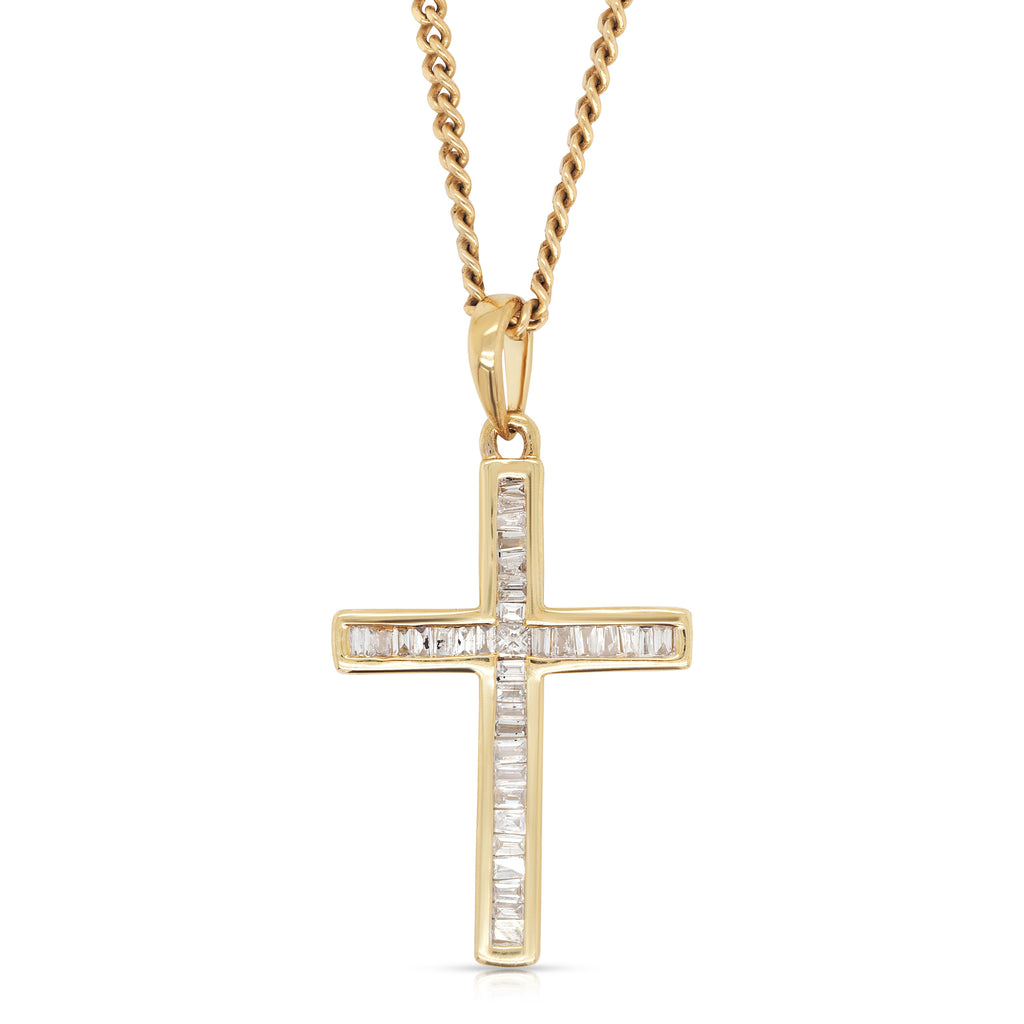 9ct Yellow Gold Princess & Baguette Diamond Cross Pendant TD