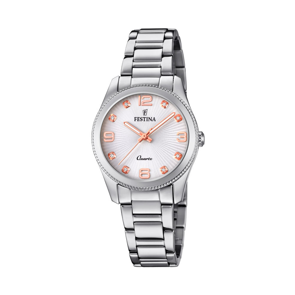 Festina Stainless Steel  Rose-Tone Accents Crystal Dial Watc