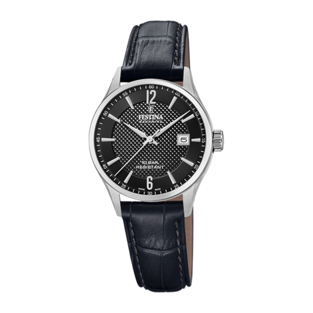 Festina Swiss Made Stainless Steel Black Dial Leather Strap