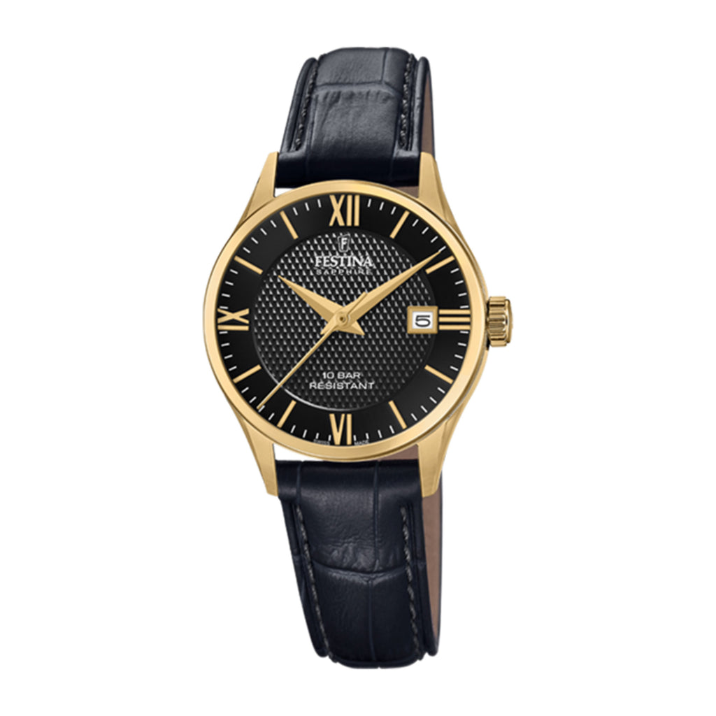 Festina Gold-Tone Stainless Steel Black Leather Watch F20011