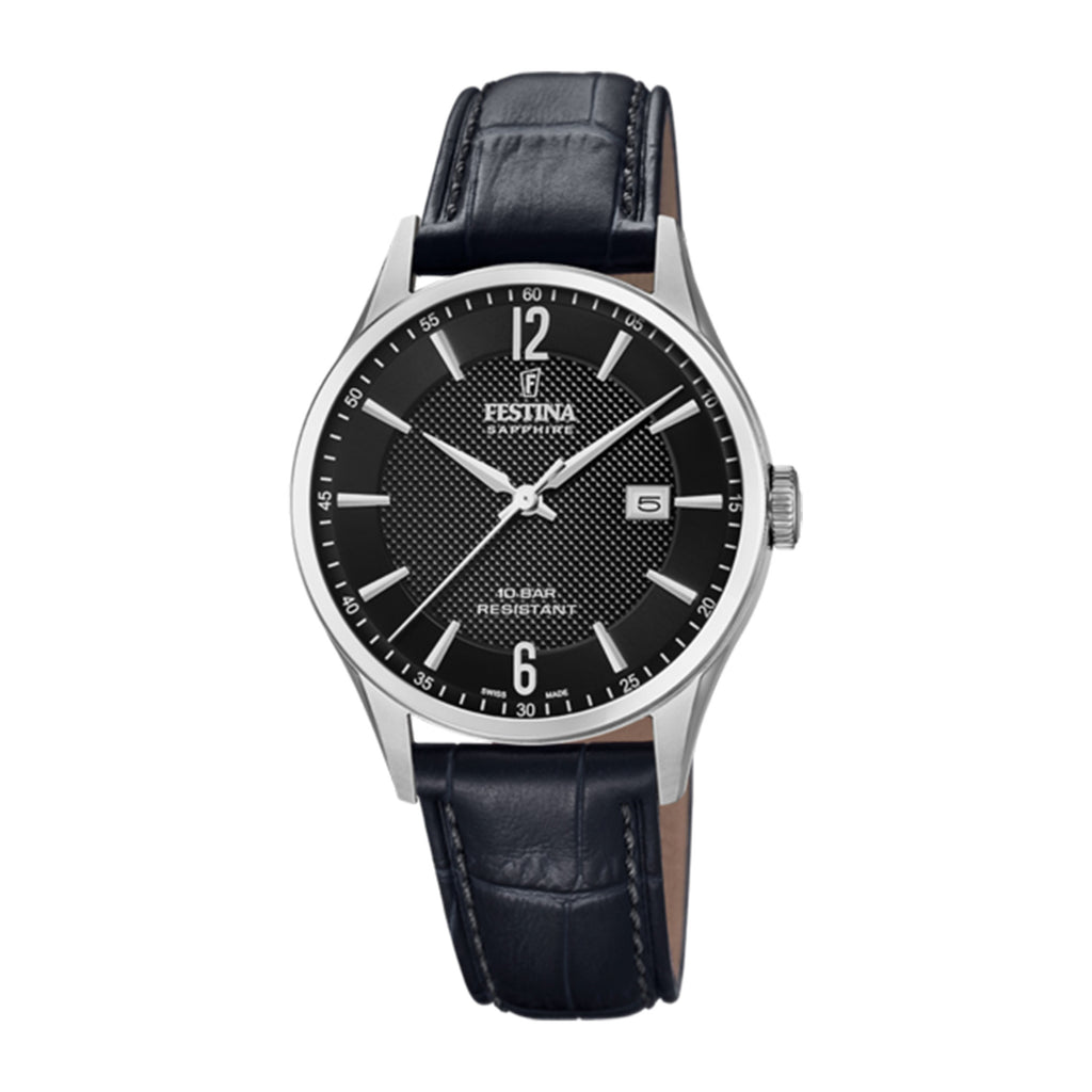 Festina Swiss Made Stainless Steel Black Leather Strap Watch