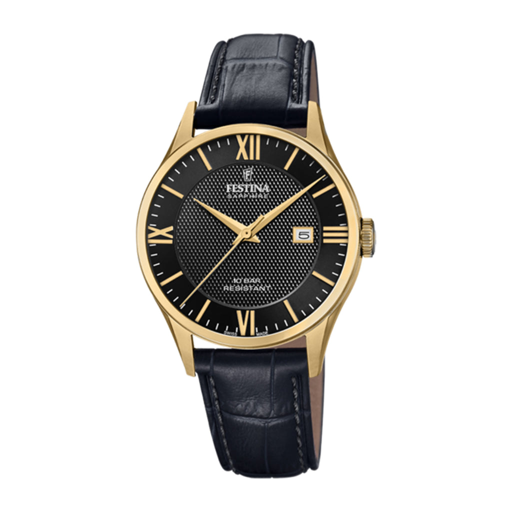 Festina Swiss Made Gold-Tone Black Leather Strap Watch F2001