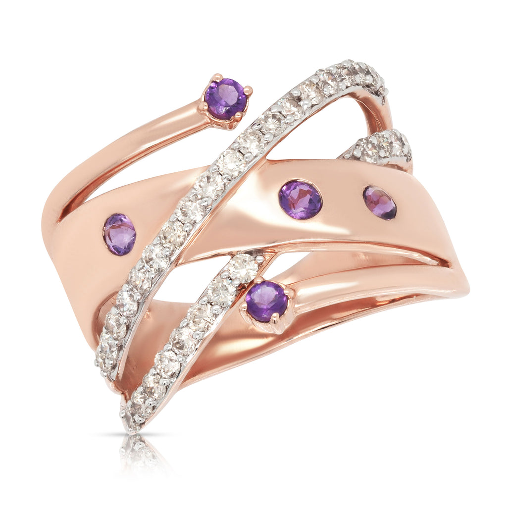 9ct Rose Gold Amethyst & Diamond Wide Crossover Ring TDW 0.4