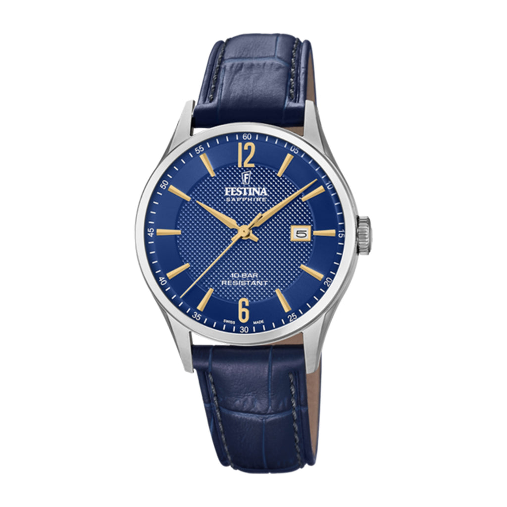 Festina Swiss Made Stainless Steel Blue Leather Watch Blue D