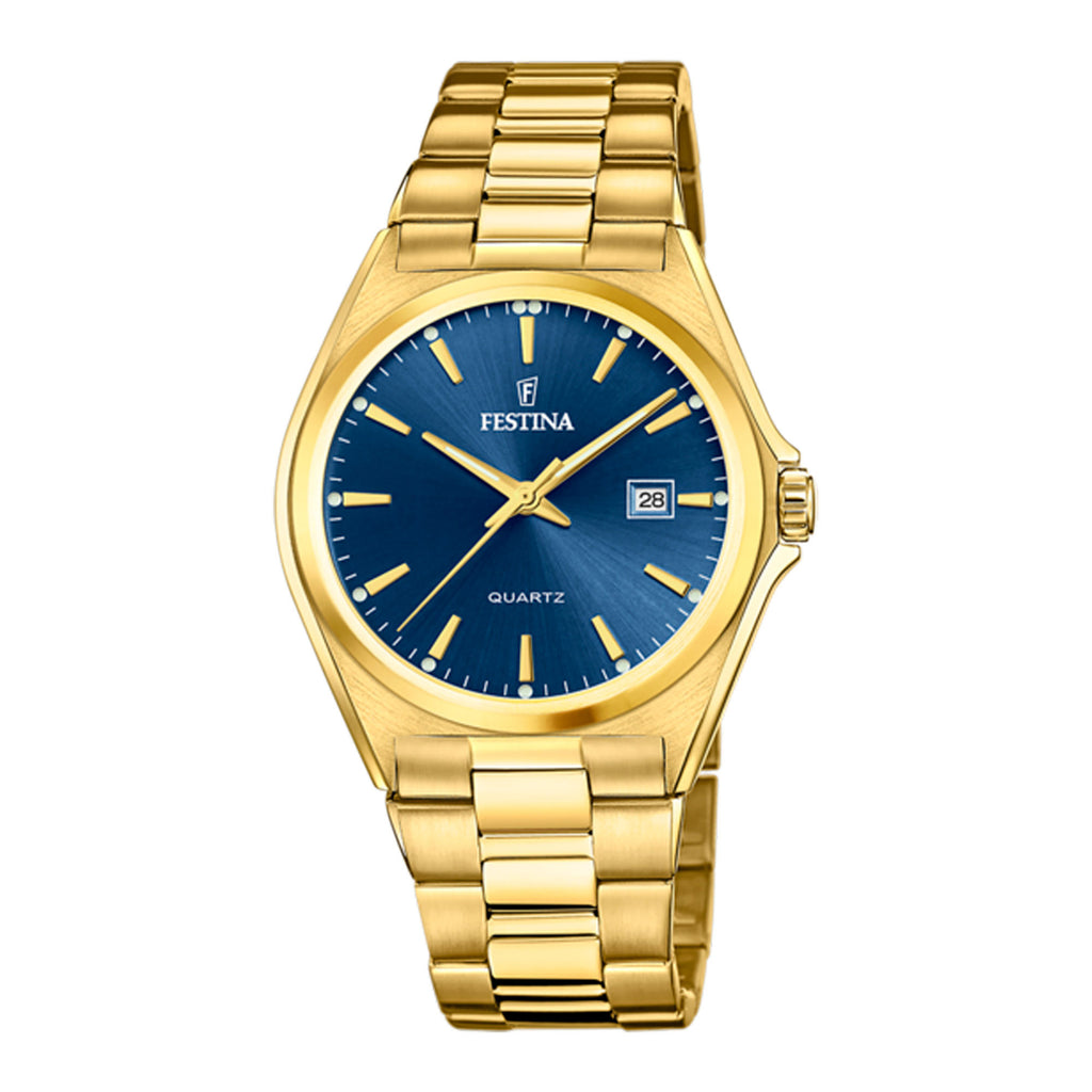 Festina Classic Gold Tone Stainless Steel Blue Dial Watch F2