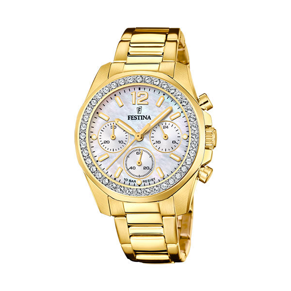 Festina Gold Tone Mother Of Pearl Rainbow Chronograph Watch