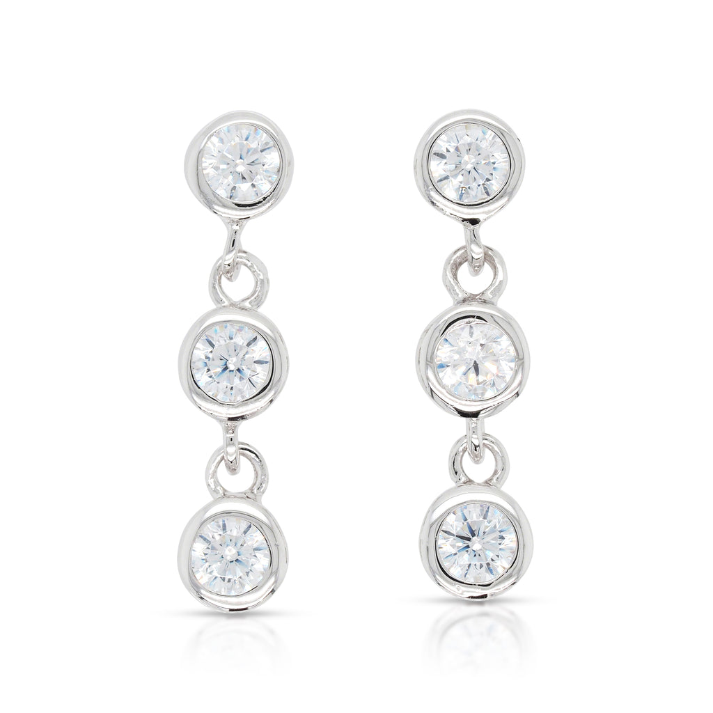 Sterling Silver Bezel Set Cubic Zirconia Trilogy Drop Stud