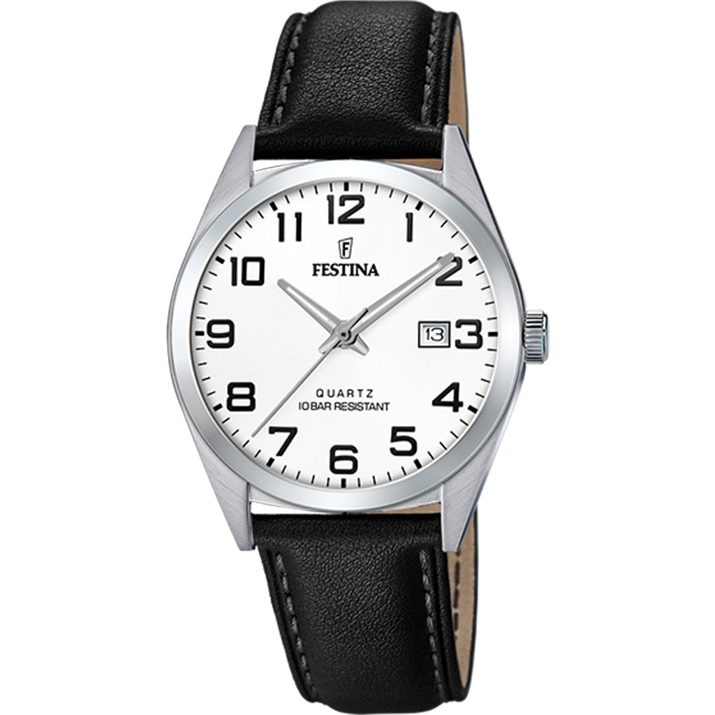 Festina Classic White Dial Black Leather Strap Watch F20446-