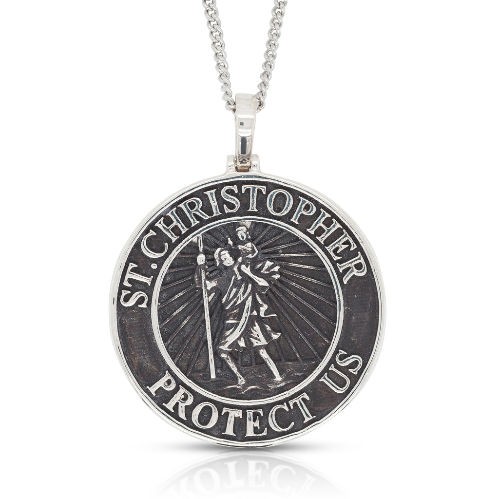 Sterling Silver St Christopher Oxidised 25mm Round Pendant