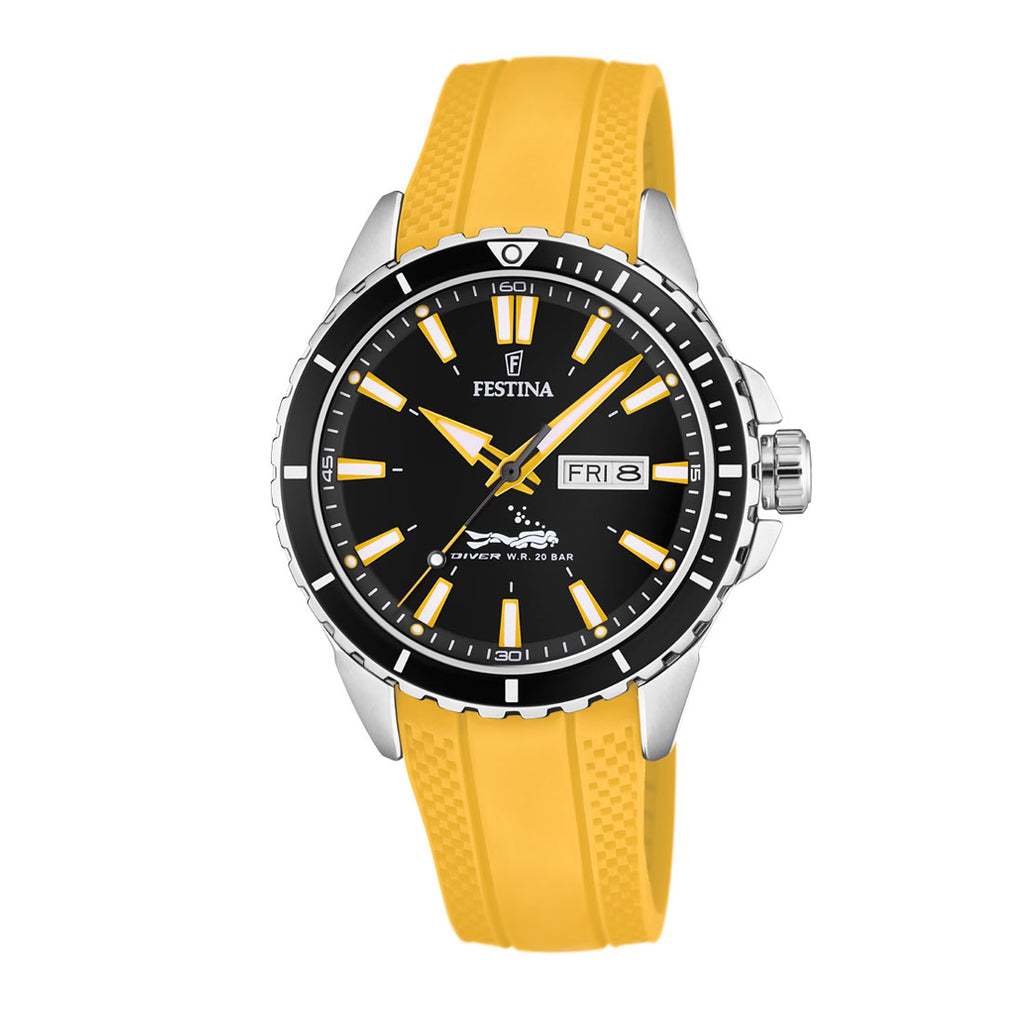 Festina Stainless Steel Black Dial Yellow Rubber Strap Watch