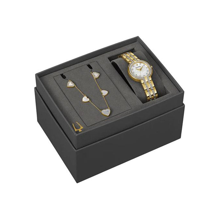 Bulova Crystal Gold-Tone Watch & Heart Necklace Box Set 98X1