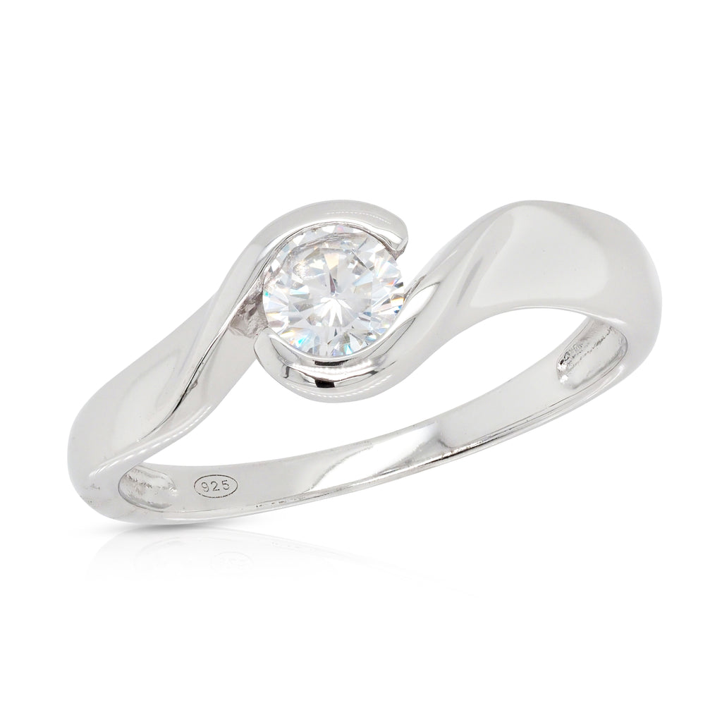 Sterling Silver Cubic Zirconia Bezel Set Offset Swirl Ring