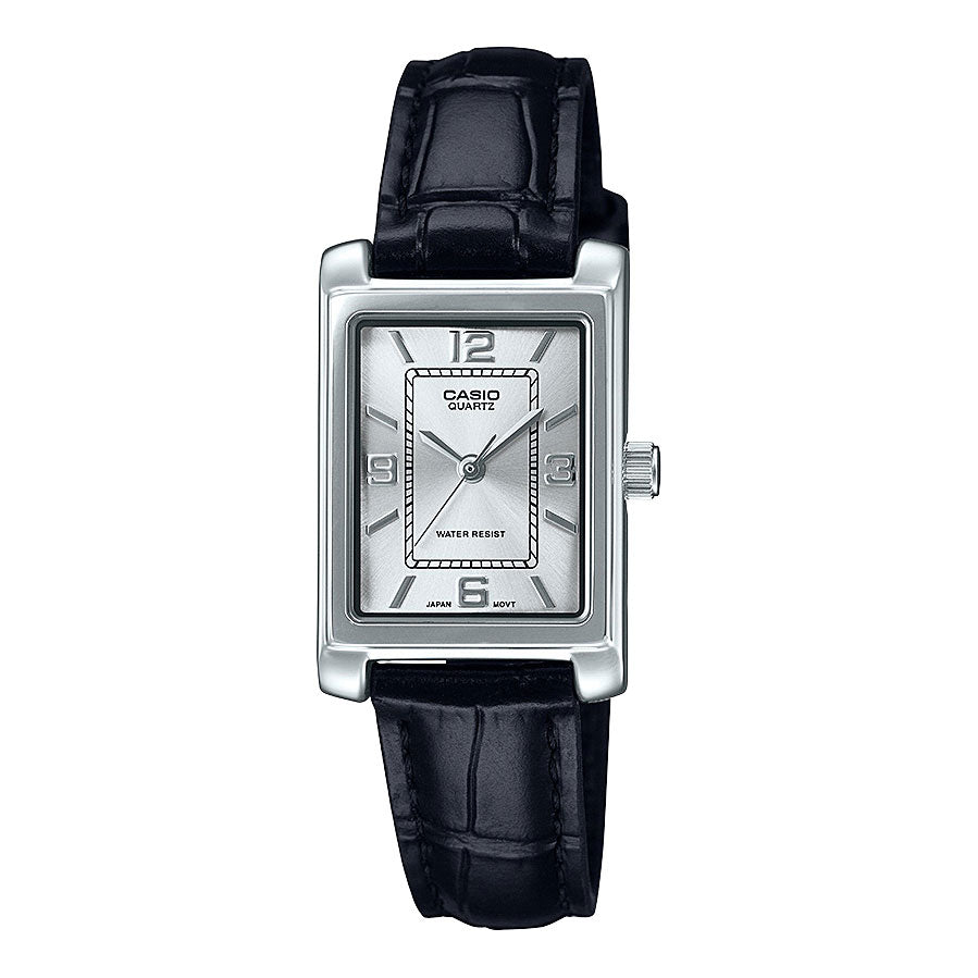 Casio Analogue Silver Dial & Black Leather Strap Watch LTP12