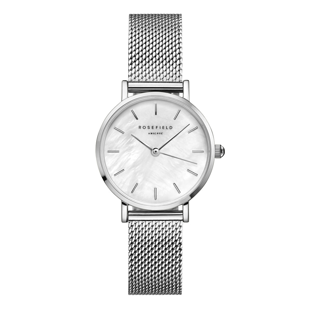 Rosefield Small Edit Pearl Dial Silver Mesh Watch 26WS-266