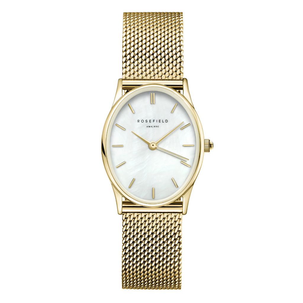 Rosefield Oval Pearl Dial Gold Tone Mesh Strap Watch OWGMG-O