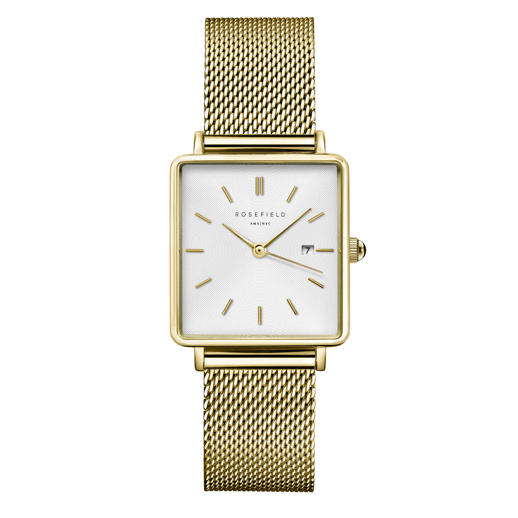 Rosefield Boxy Square Dial Gold Tone Mesh Watch QWSG-Q03