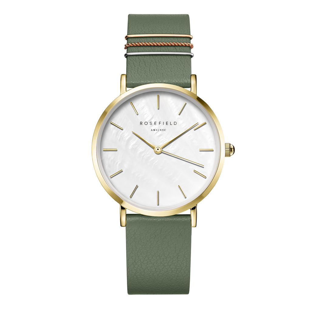 Rosefield West Village Olive Green Strap Gold Tone Dial Watc