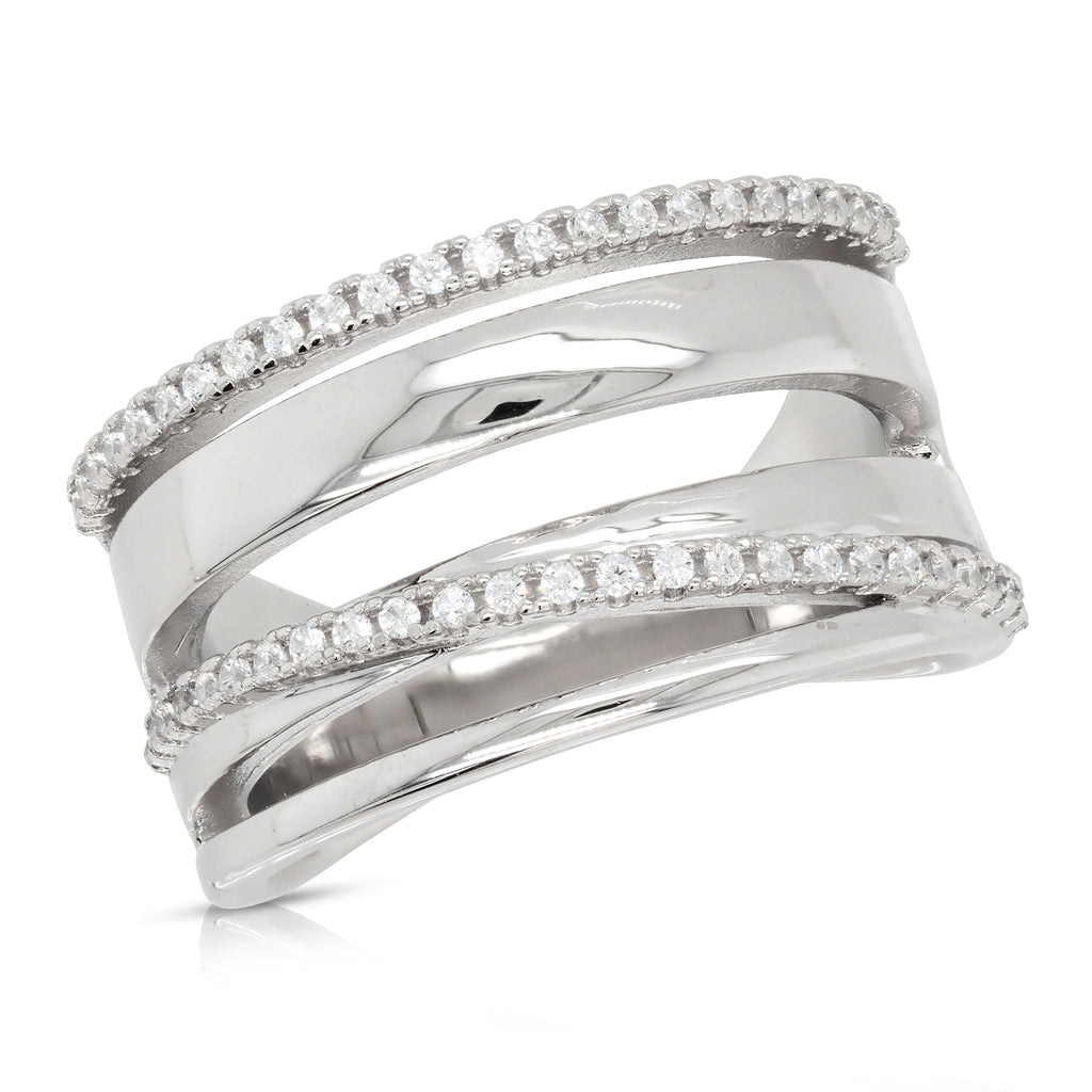 Sterling Silver Cubic Zirconia Split Crossover Wide Ring