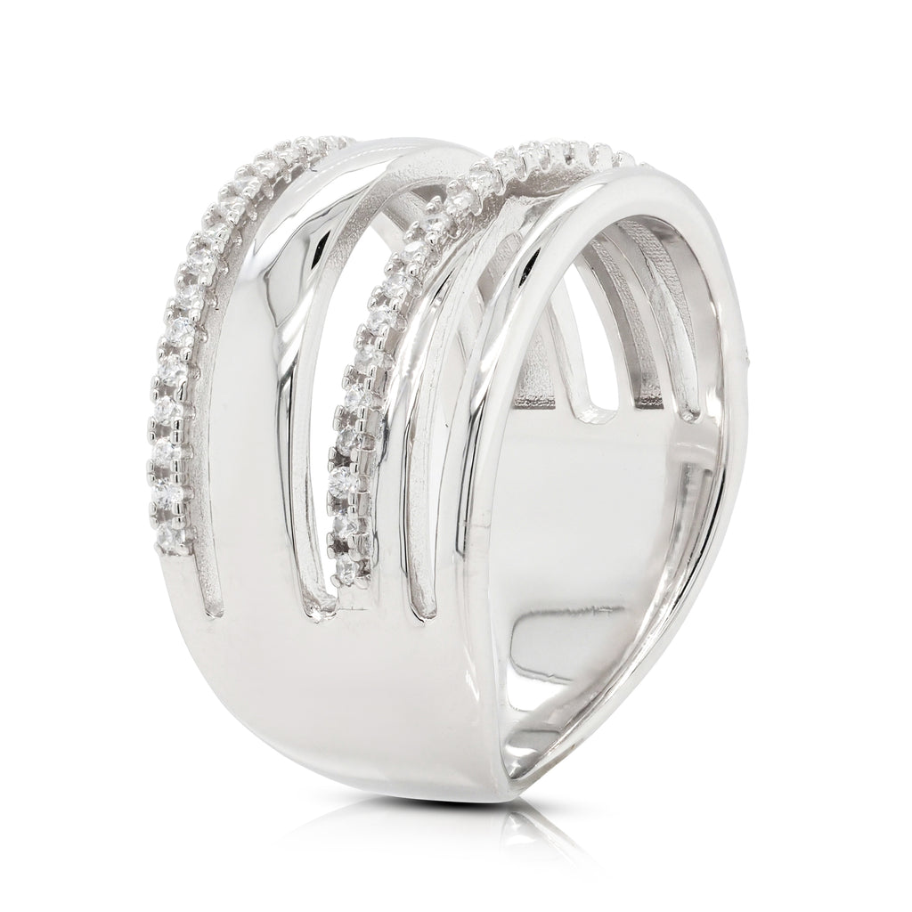 Sterling Silver Cubic Zirconia Split Crossover Wide Ring