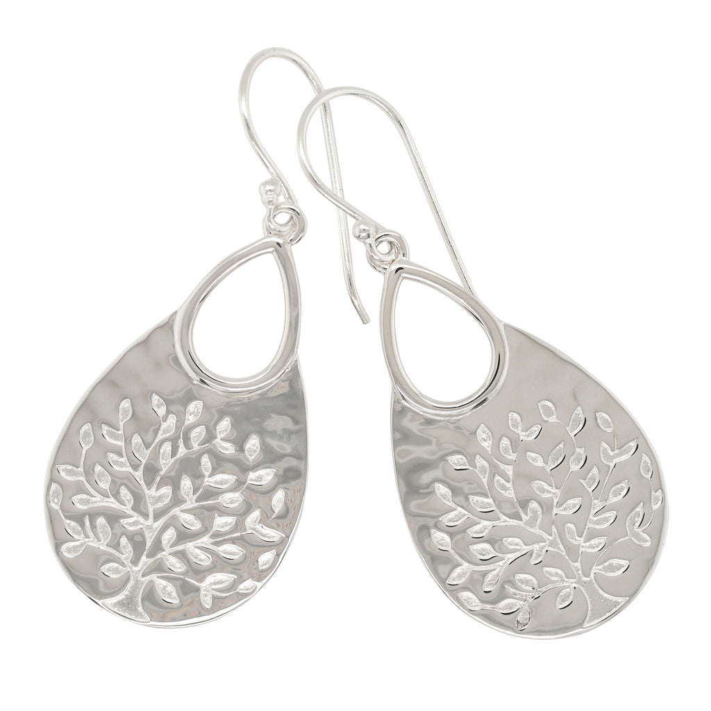 Sterling Silver Tree Of Life Teardrop Shaped Hook Earrings