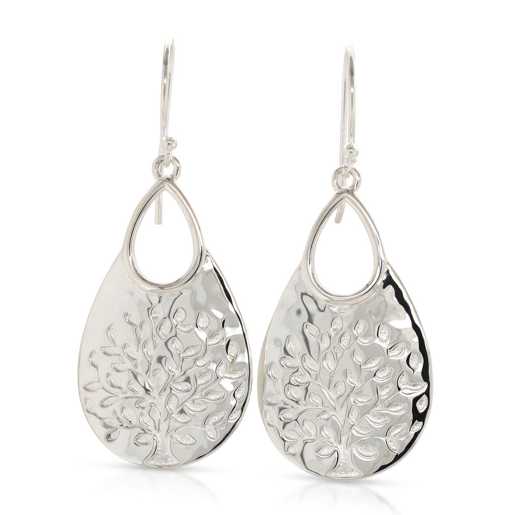 Sterling Silver Tree Of Life Teardrop Shaped Hook Earrings