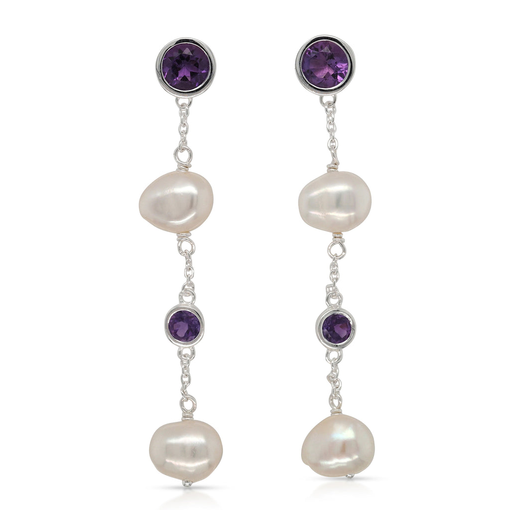 Sterling Silver Amethyst & Freshwater Pearl Cable Chain Drop