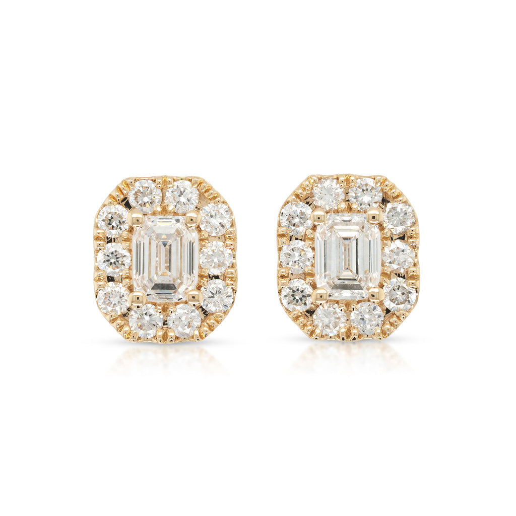 9ct Yellow Gold Emerald Cut Lab Grown Diamond Halo Studs TDW