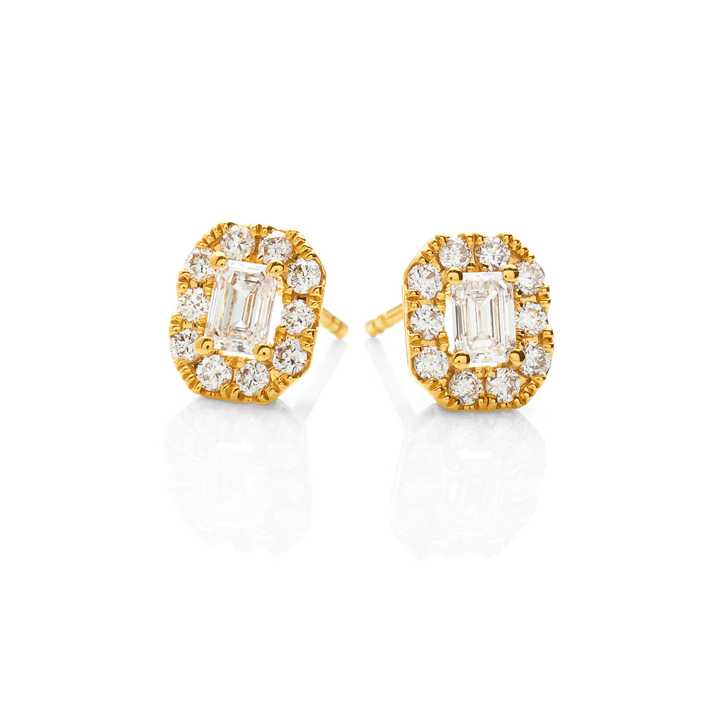 9ct Yellow Gold Emerald Cut Lab Grown Diamond Halo Studs TDW