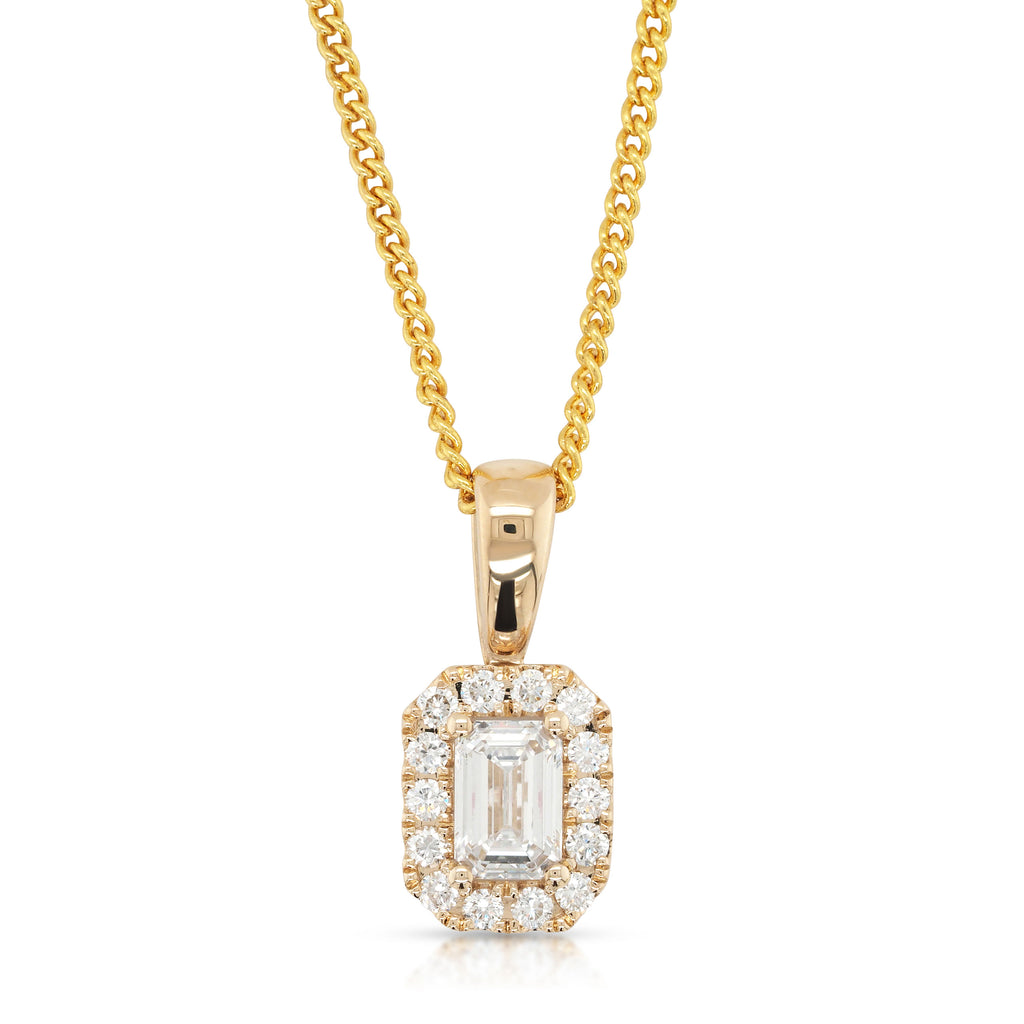 9ct Yellow Gold Emerald Cut Lab Grown Diamond Halo Pendant T