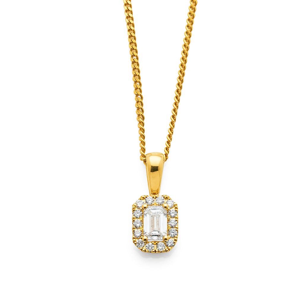 9ct Yellow Gold Emerald Cut Lab Grown Diamond Halo Pendant T