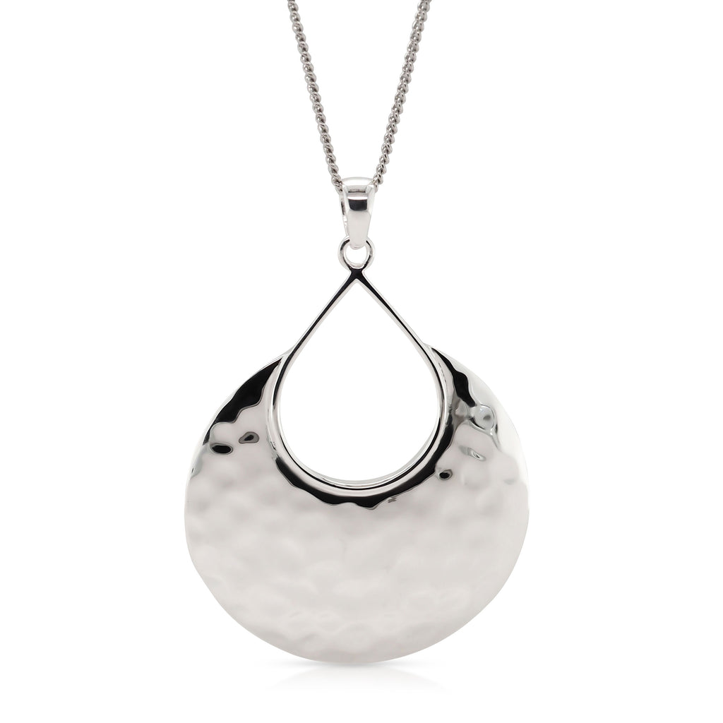 Sterling Silver Hammered Pattern Flat Teardrop Shaped Pendan