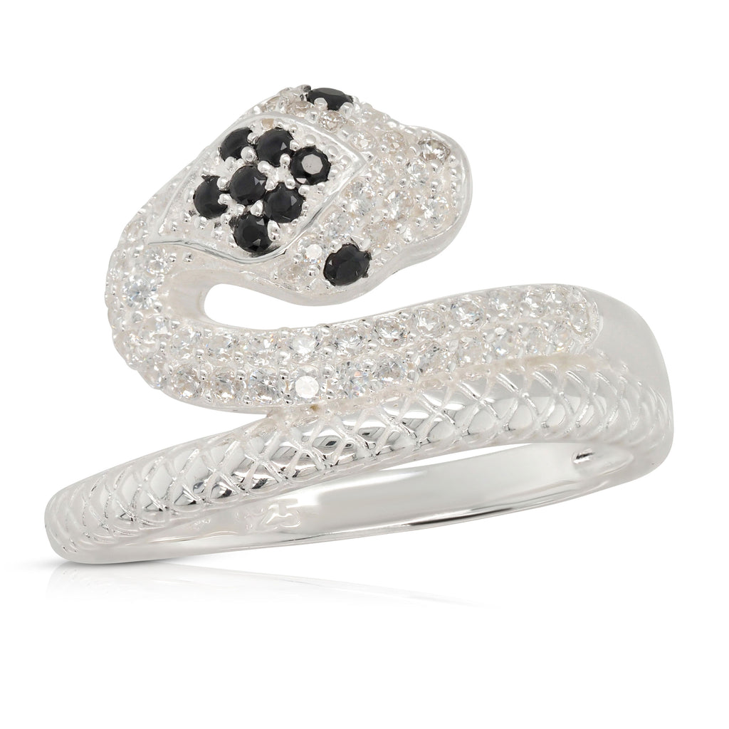 Sterling Silver Black & White Cubic Zirconia Coiled Snake Ri