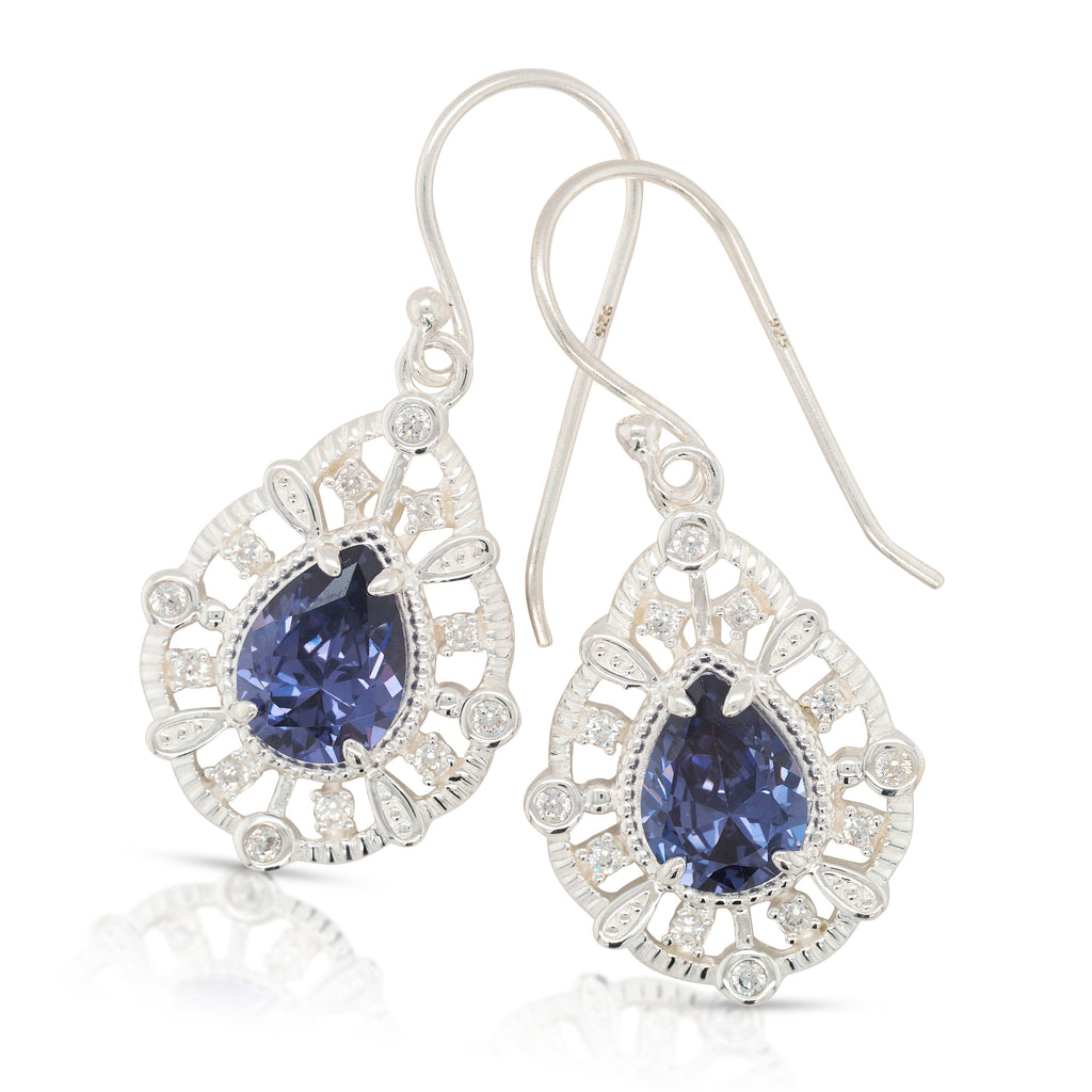 Sterling Silver Pear Shaped Blue Cubic Zirconia Hook Earring