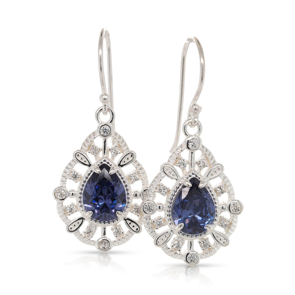 Sterling Silver Pear Shaped Blue Cubic Zirconia Hook Earring