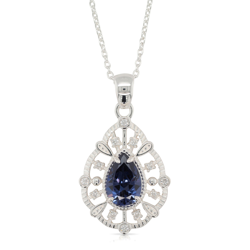 Sterling Silver Pear Shaped Blue Cubic Zirconia Pendant