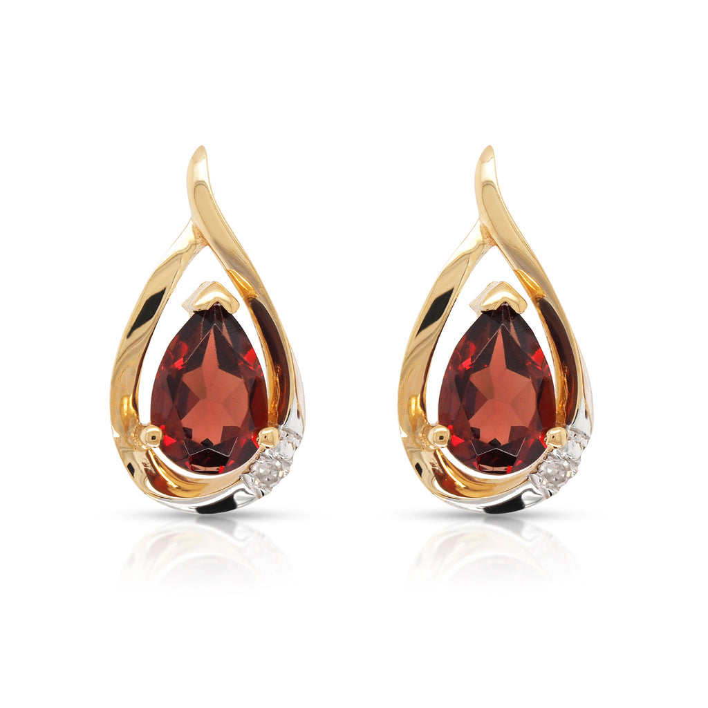 9ct Yellow Gold Pear Garnet & Diamond Stud Earrings